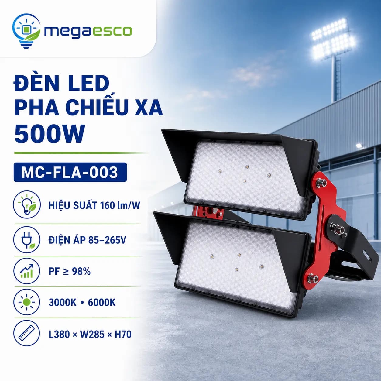 Đèn LED Stadium MC-FLA-003 500W – Độ sáng tương đương đèn 1000W thông thường