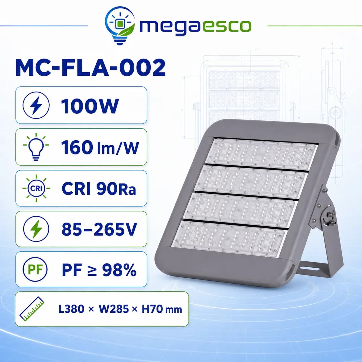 Đèn LED Pha Chiếu Xa MC-FLA-002 100W – Độ Sáng Tương Đương 200W, Hiệu Suất 160Lm/W