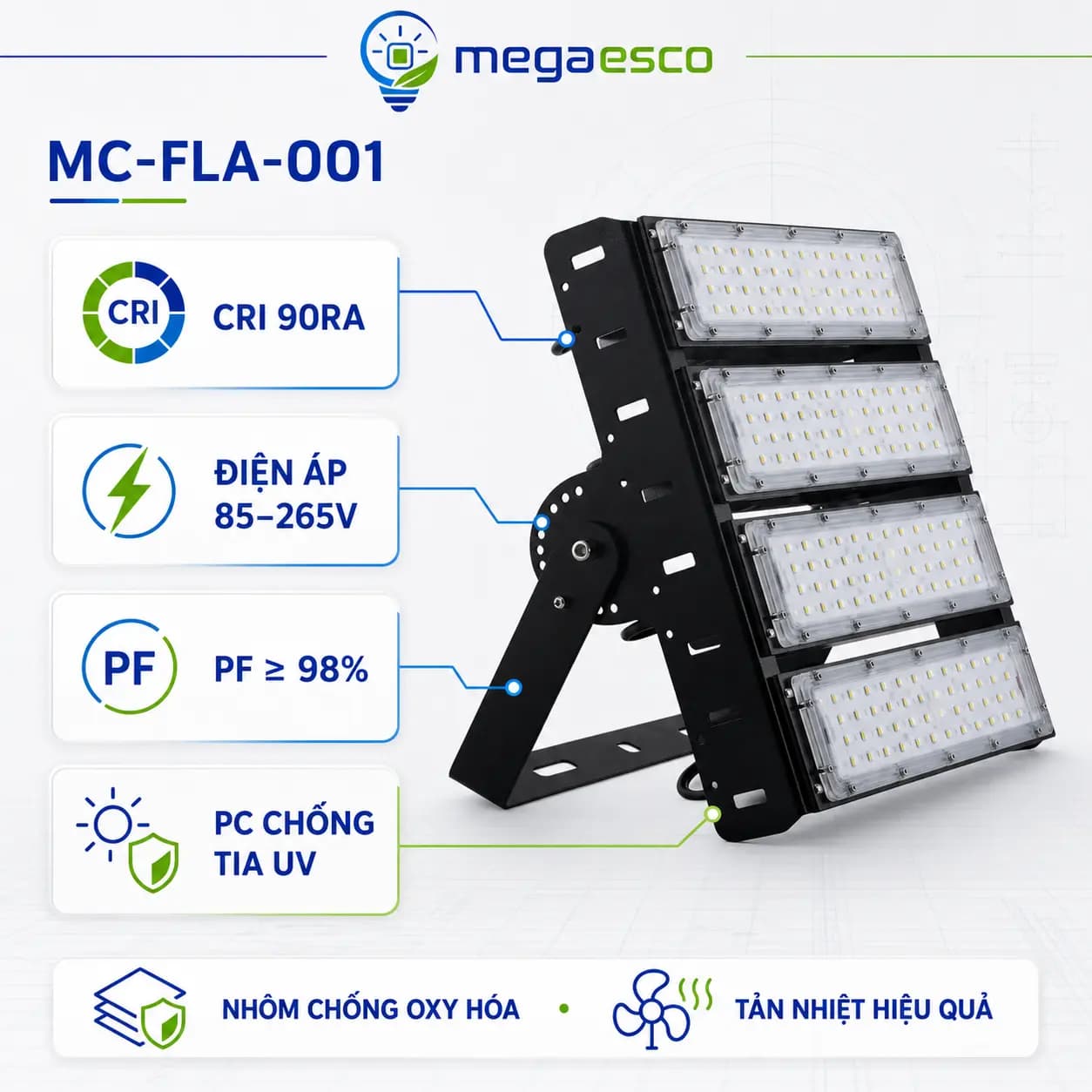 Đèn LED Pha Chiếu Xa MC-FLA-001 100W – Độ Sáng Tương Đương 200W, Hiệu Suất Cao 160Lm/W