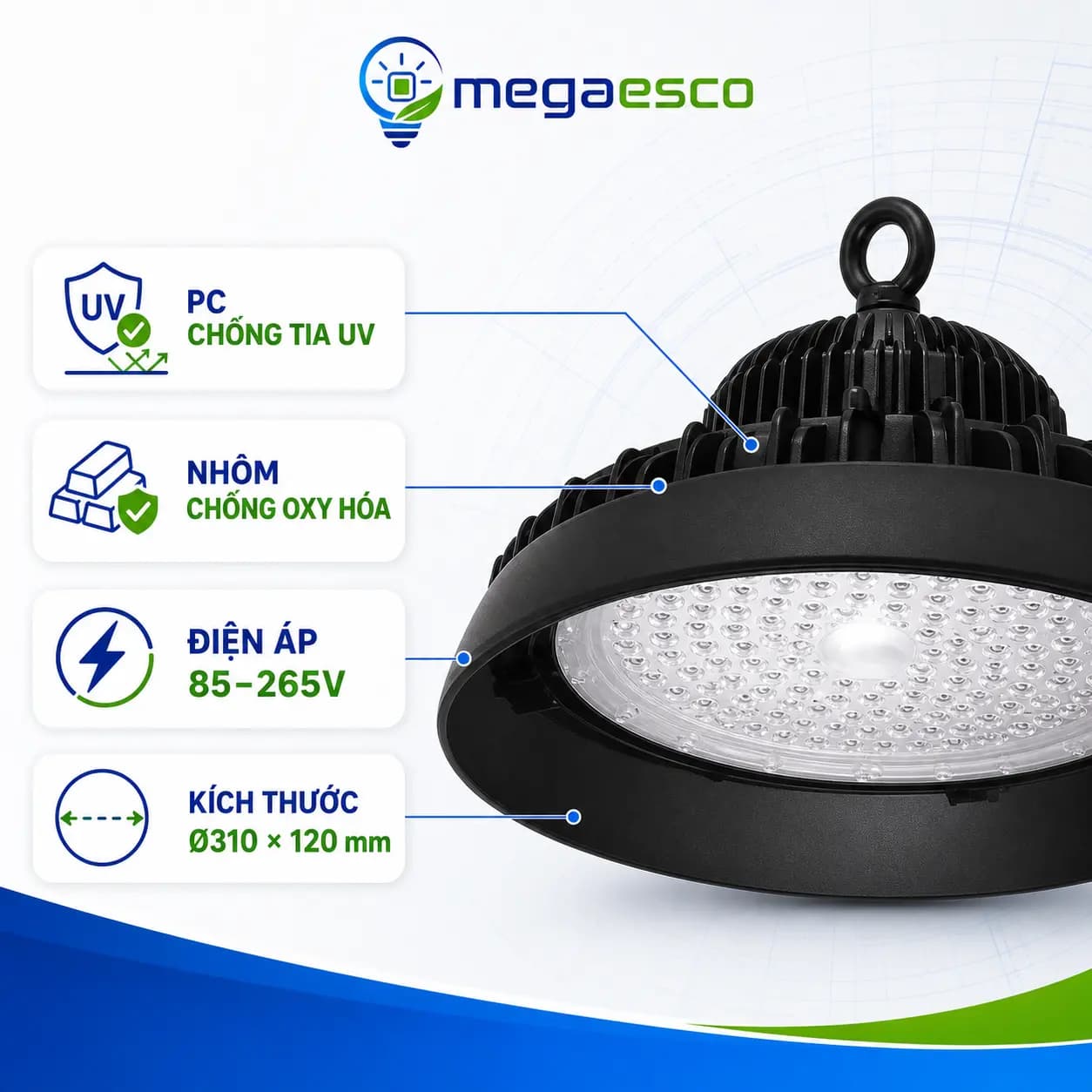 Đèn LED UFO Nhà Xưởng 100W – Hiệu Suất 155Lm/W, Độ Sáng Tương Đương Đèn Thông Thường 200W