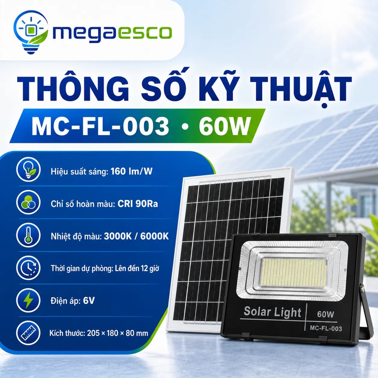 Đèn pha LED Mega Esco MC-FL-003 60W năng lượng mặt trời