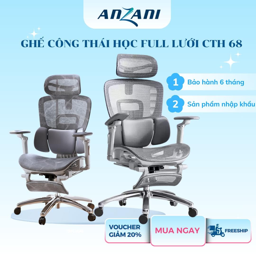 {CTH 68} Anzani Ghế Công Thái Học CTH 68 Full Lưới Wintex Hàn Quốc Ngả 145 Độ Có Gác Chân Lưới 360 Độ Xoay Bảo Hành 6 Tháng Ghế Văn Phòng Ergonomic