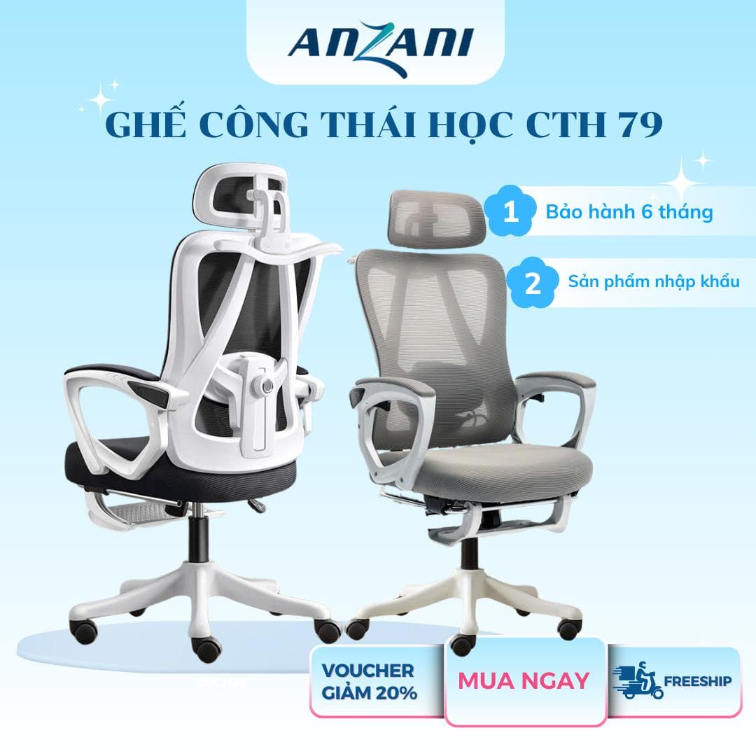 {CTH 79} Ghế tựa lưng công thái học màu hồng CTH 79 nhà Anzani, hỗ trợ chỉnh dáng ngồi có ngả lưng, gác chân tiện lợi, giá rẻ