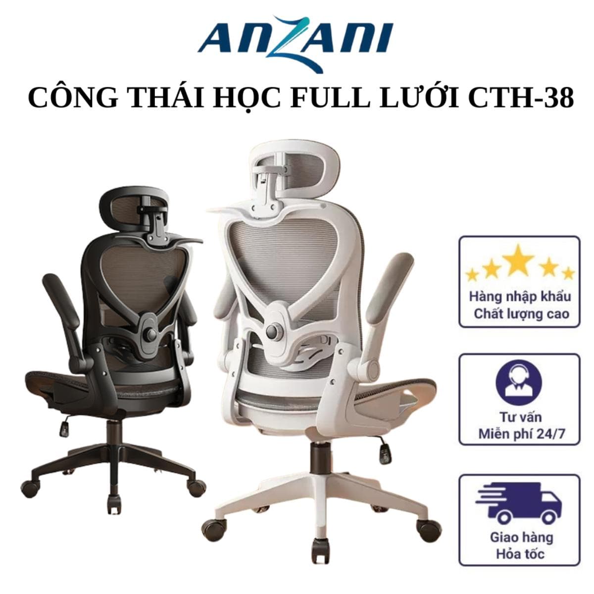 { Anzani CTH38} Ghế tựa lưng công thái học full lưới CTH38, ghế tựa lưng không ngả chỉ có chế độ gật gù dung dinh, mã ghế cao cấp giá rẻ ghế  công