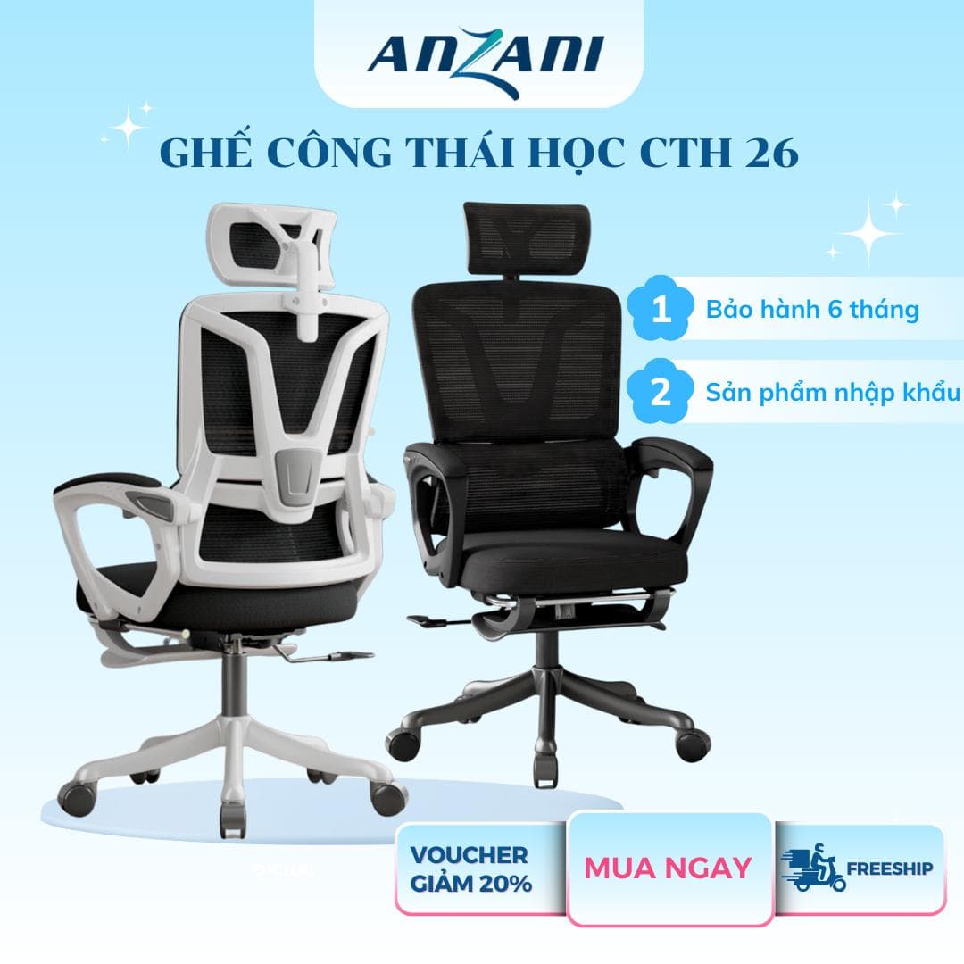 {CTH 26} Ghế tựa lưng Ghế Công Thái Học CTH-26 Ngả Lưng 135 Độ Có Gác Chân Tựa Đầu Bảo Hành 6 Tháng Ghế Văn Phòng Xoay 360 Độ Chất Liệu Nhựa PP Cao Cấp & Tựa Lưng Lưới Thoáng Khí
