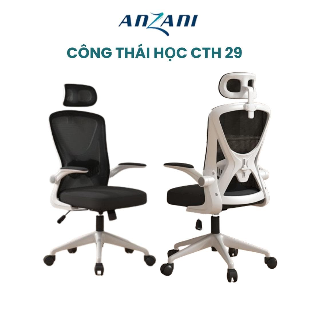 {CTH 29} Anzani Ghế Công Thái Học CTH29 Ghế Cố Định Không Ngả Lưng Lưới Thoáng Khí Tay Ghế 2D Nâng Hạ Tiện Lợi Nhựa Bền Bảo Hành 6 Tháng Freeship