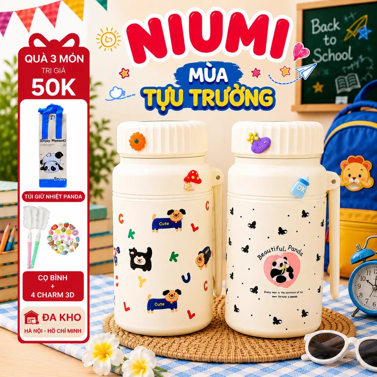 Bình giữ nhiệt Fashion Cup NIUMI hoạ tiết dễ thương 1000ml, inox 316 có lưới lọc trà tiện lợi