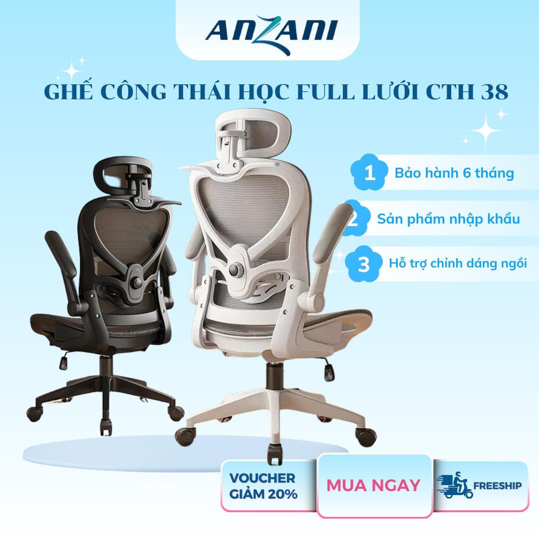 { Anzani CTH38} Ghế tựa lưng công thái học full lưới CTH38, ghế tựa lưng không ngả chỉ có chế độ gật gù dung dinh, mã ghế cao cấp giá rẻ ghế công