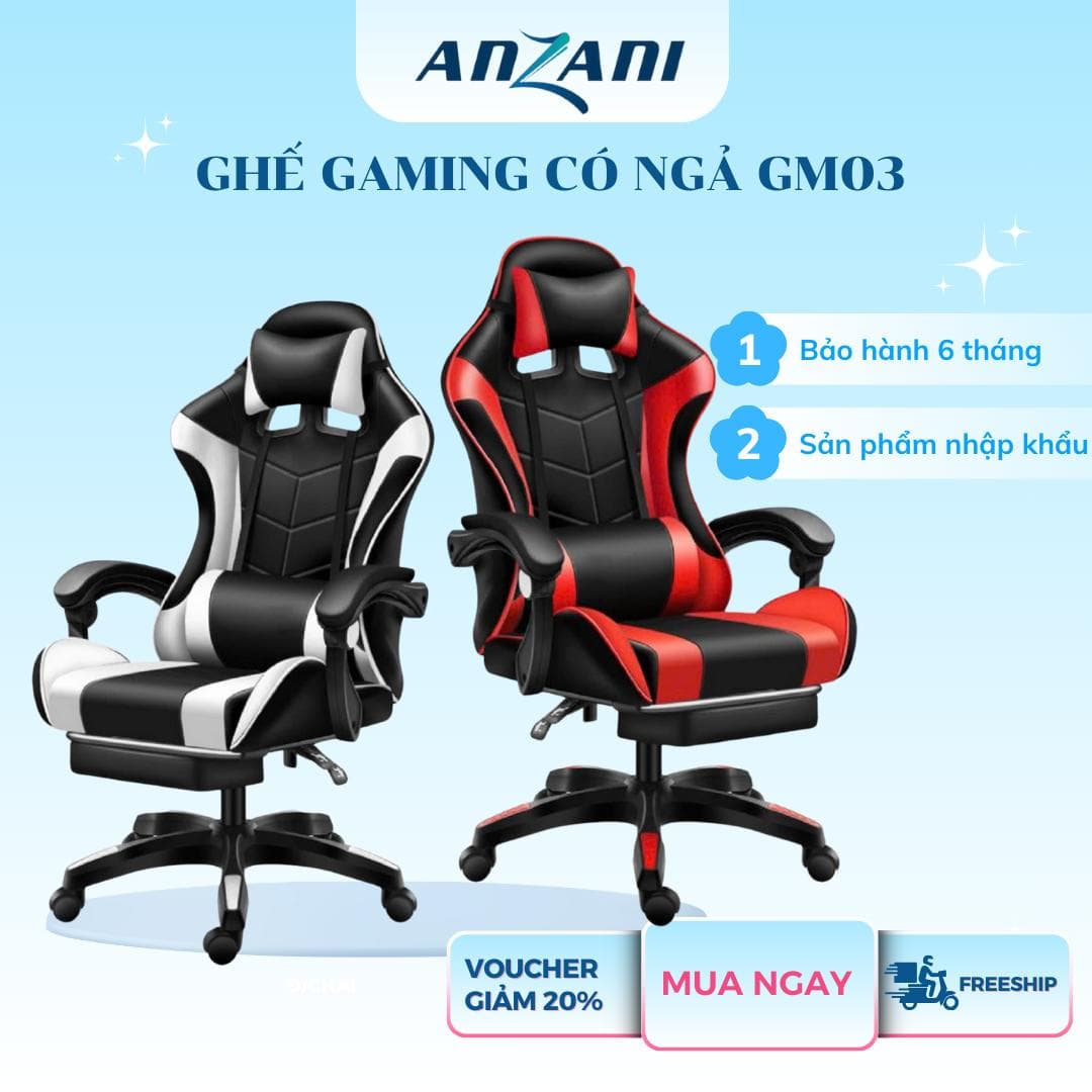 {GM03} Ghế Gaming, ghế chơi game, ghế livestream GM03 nhà Anzani, có gác chân ngả 145 độ vô cùng êm ái ghế xoay 360 độ có 2 màu, giá rẻ ghế game
