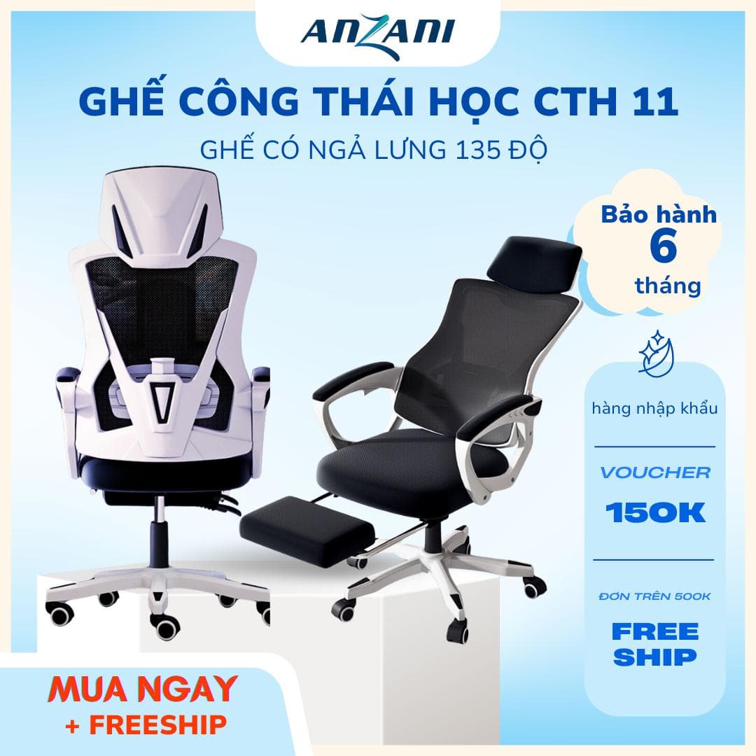 {CTH 11}Anzani Ghế Công Thái Học CTH 11, Ghế Gaming Có Ngả Lưng 135 Độ, Bảo Vệ Cổ, Chất Liệu ABS & Vải Lưới Thoáng Khí, kiểu dáng gaming hỗ trợ chỉnh dáng ngồi