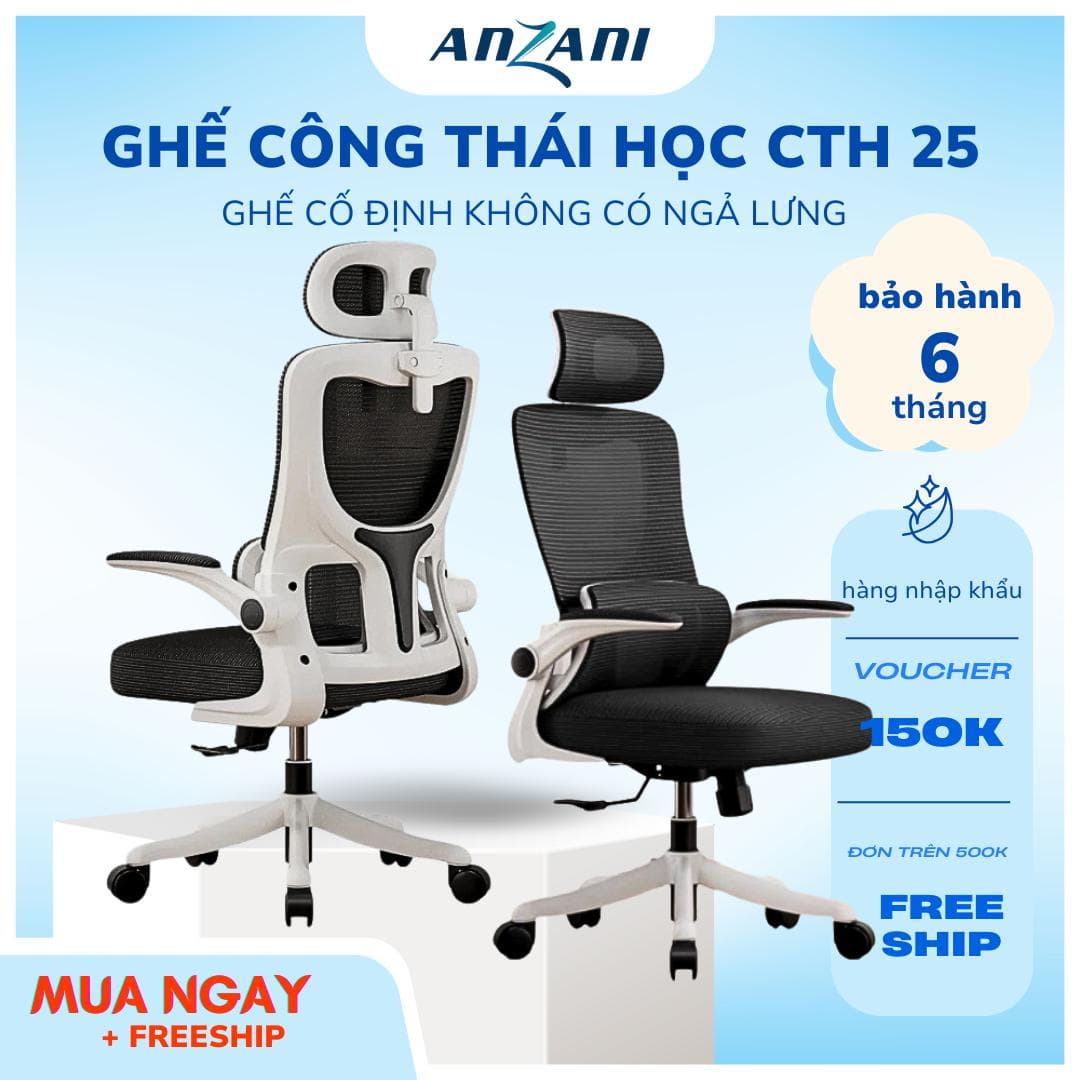 {CTH 25}_Ghế tựa lưng CTH 25 nhà ANZANI, ghế công thái học lưng kép giúp đỡ lưng cao cấp, lưng ghế thiết kế cố định không ngả nhựa bền ghế công