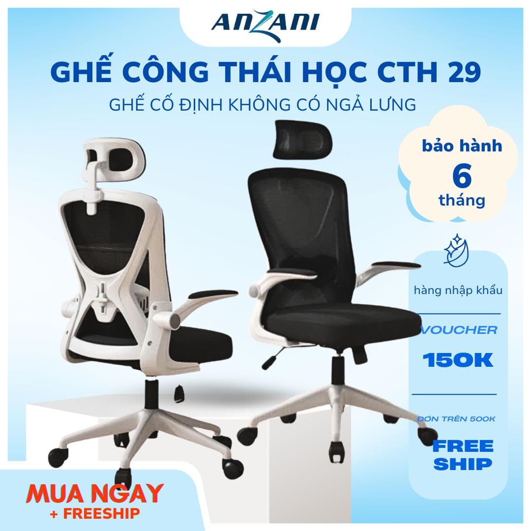 {CTH 29} Anzani Ghế Công Thái Học CTH29 Ghế Cố Định Không Ngả Lưng Lưới Thoáng Khí Tay Ghế 2D Nâng Hạ Tiện Lợi Nhựa Bền Bảo Hành 6 Tháng Freeship